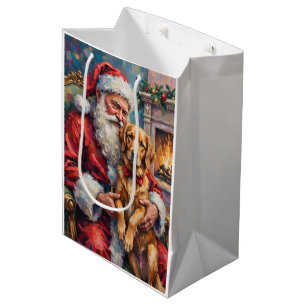 Santa Claus Holding Golden Retriever Christmas Art Medium Gift Bag