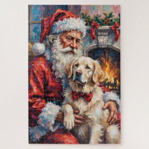 Santa Claus Holding Great Pyrenees Christmas Art Jigsaw Puzzle