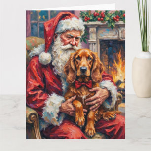 Santa Claus Holding Irish Red Setter Christmas Art Card