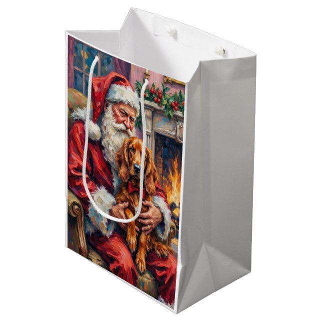 Santa Claus Holding Irish Red Setter Christmas Art Medium Gift Bag (Front Angled)