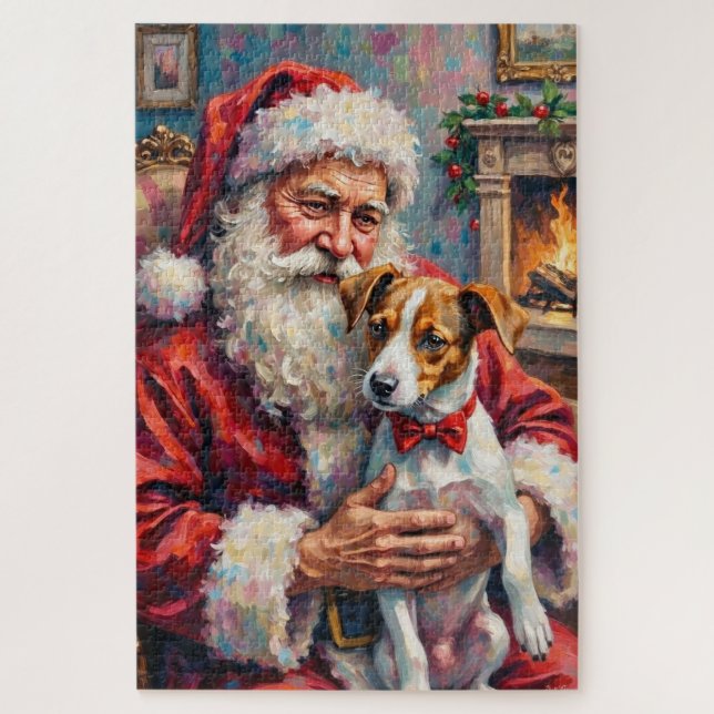 Santa Claus Holding Jack Russell Christmas Art Jigsaw Puzzle (Vertical)