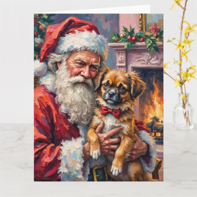Santa Claus Holding Japanese Chin Christmas Art Card (Yellow Flower)