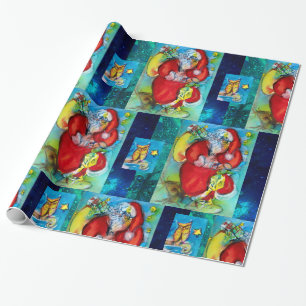 SANTA CLAUS HOLDING LANTERN ,CHRISTMAS NIGHT OWLS WRAPPING PAPER