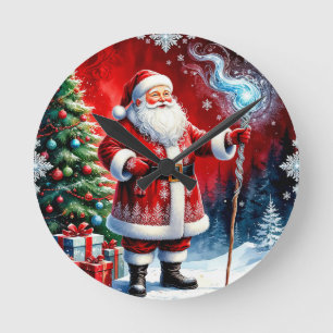 Santa Claus Holding Magic Staff Round Clock