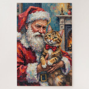Santa Claus Holding Maine Coon Cat Christmas Art Jigsaw Puzzle