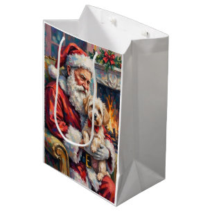 Santa Claus Holding Maltese Christmas Art Medium Gift Bag