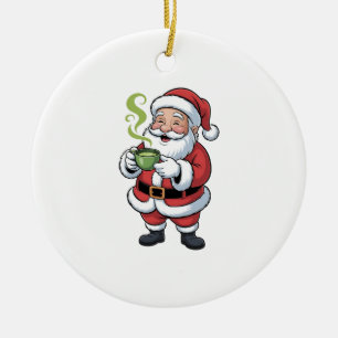 Santa Claus Holding Matcha Drink Christmas Ceramic Ornament