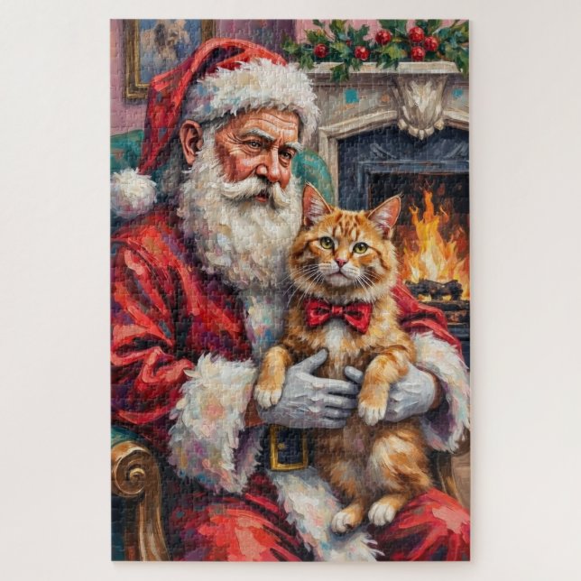 Santa Claus Holding Persian Cat Christmas Art Jigsaw Puzzle (Vertical)