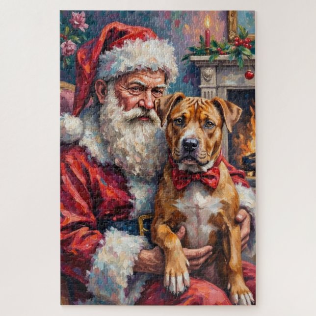 Santa Claus Holding Pitbull Christmas Art Jigsaw Puzzle (Vertical)