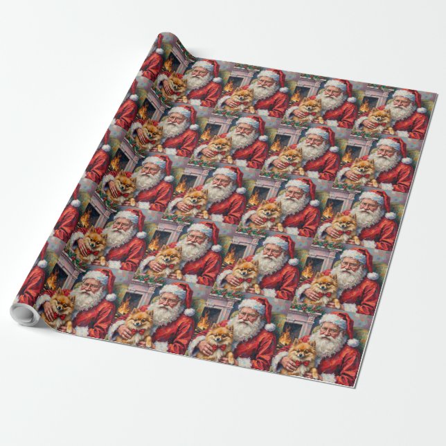 Santa Claus Holding Pomeranian Christmas Art Wrapping Paper (Unrolled)