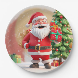 Santa Claus Holding Present Paper Plate