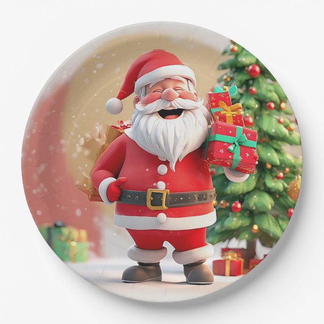 Santa Claus Holding Present Paper Plate (Front)
