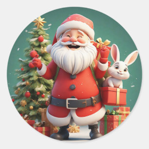 Santa Claus Holding Present with Rabbits Classic Round Sticker