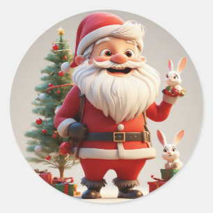 Santa Claus Holding Present with Rabbits Classic Round Sticker