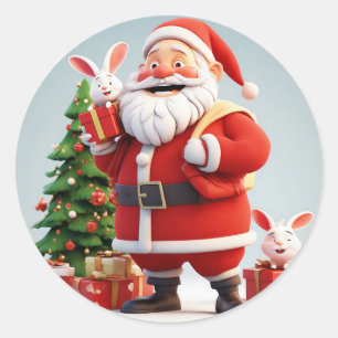 Santa Claus Holding Present with Rabbits Classic Round Sticker
