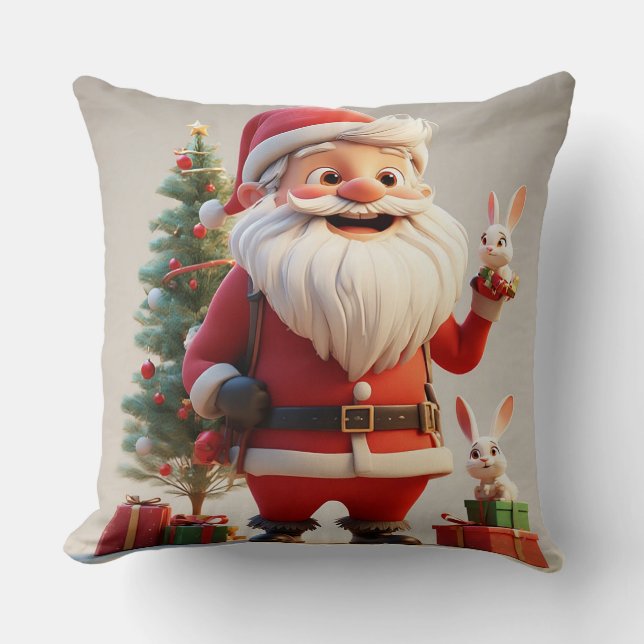 Santa Claus Holding Present with Rabbits Cushion (Front)