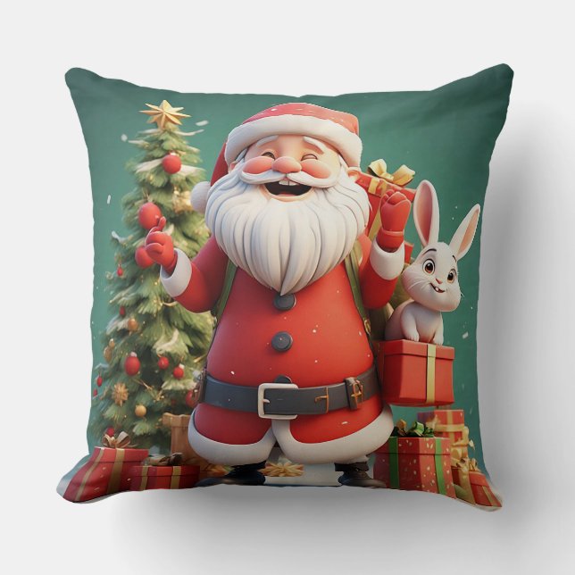 Santa Claus Holding Present with Rabbits Cushion (Front)