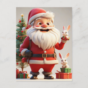 Santa Claus Holding Present with Rabbits Holiday Postcard