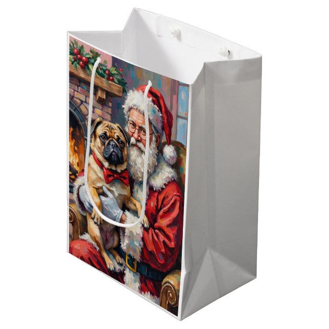 Santa Claus Holding Pug Christmas Art Medium Gift Bag (Front Angled)