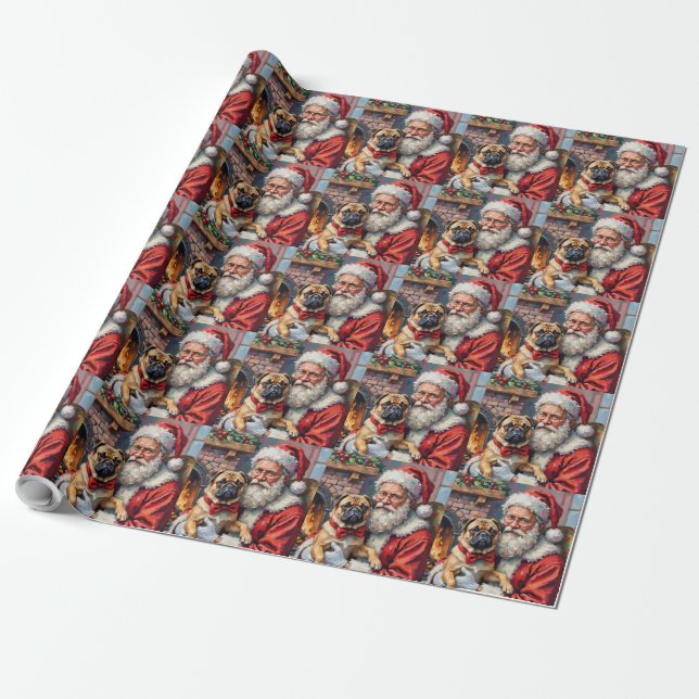Santa Claus Holding Pug Christmas Art Wrapping Paper (Unrolled)