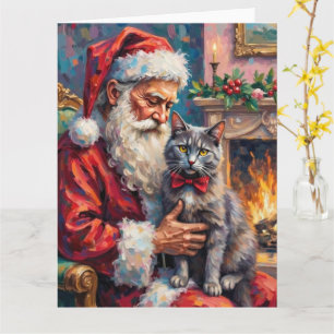 Santa Claus Holding Russian Blue Cat Christmas Art Card