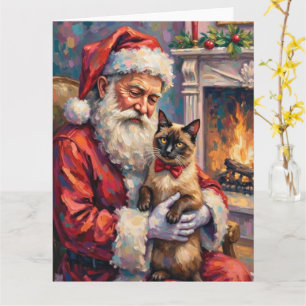 Santa Claus Holding Siamese Cat Christmas Art Card