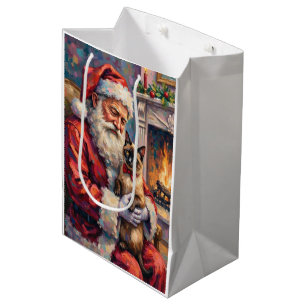 Santa Claus Holding Siamese Cat Christmas Art Medium Gift Bag