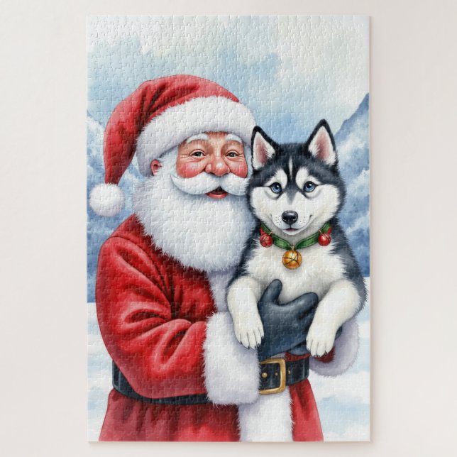 Santa Claus Holding Siberian Husky Christmas Art Jigsaw Puzzle (Vertical)