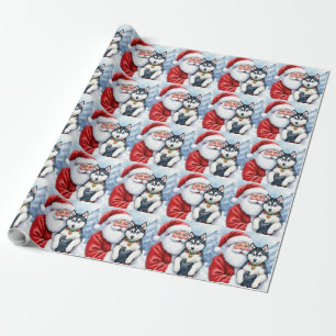Santa Claus Holding Siberian Husky Christmas Art Wrapping Paper
