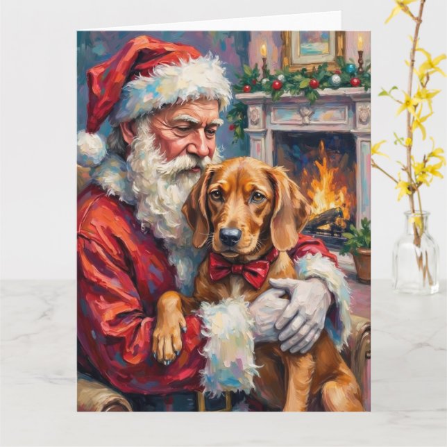 Santa Claus Holding Vizsla Christmas Art Card (Yellow Flower)