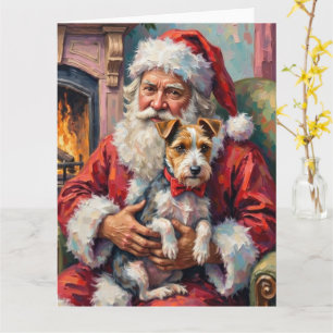 Santa Claus Holding Wirefox Terrier Christmas Art Card
