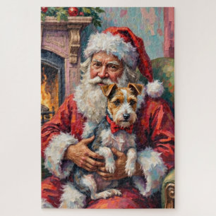 Santa Claus Holding Wirefox Terrier Christmas Art Jigsaw Puzzle