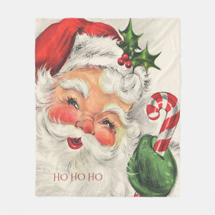 Santa Claus Holly Candy Cane Fleece Blanket