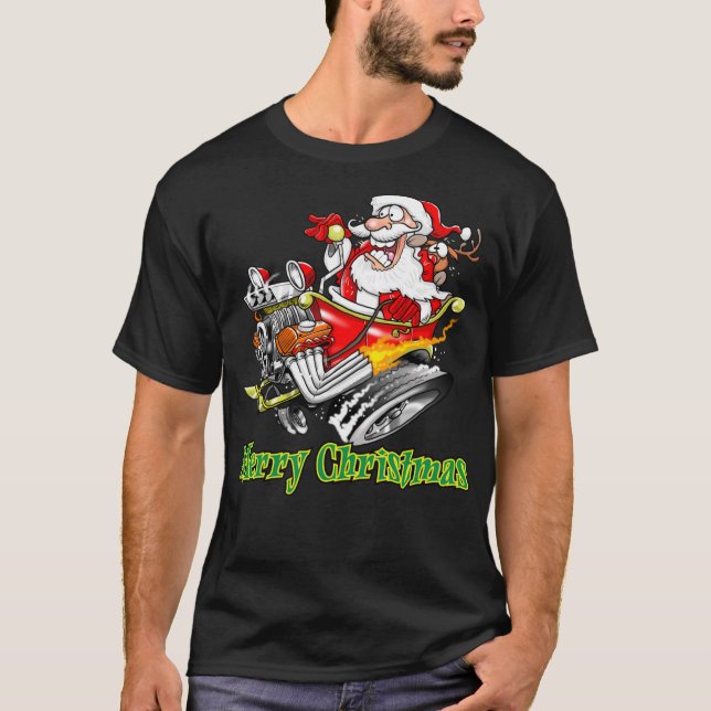 Santa Claus Hot Rod Sleigh Merry Christmas T-Shirt (Front)
