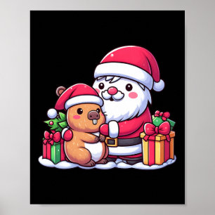 Santa Claus Hugging Cute Capybara Christmas Matchi Poster