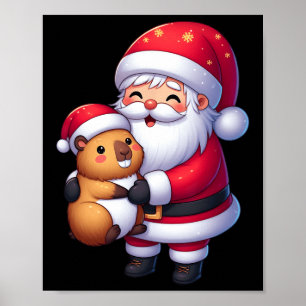 Santa Claus Hugs Capybara Funny Christmas Matching Poster