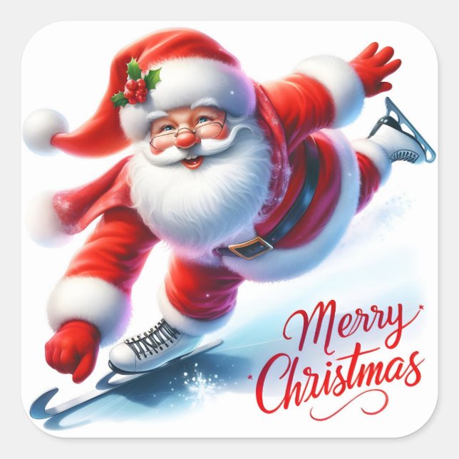 Santa Claus Ice Skating on a Winter Day Square Sticker (Front)