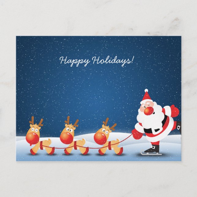Santa Claus ice skating with his reindeers Holiday Postcard (Front)