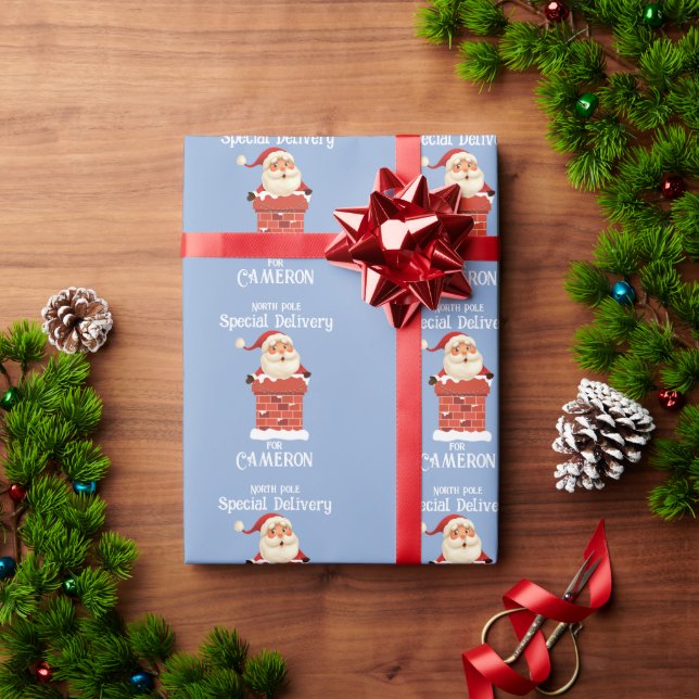 Santa Claus in a Chimney Custom Name Christmas Wrapping Paper (Holiday Gift)