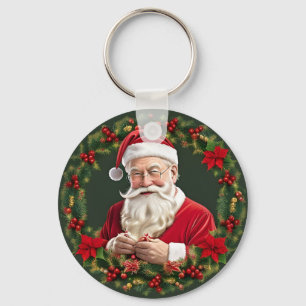 Santa Claus in a Festive Wreath Key Ring