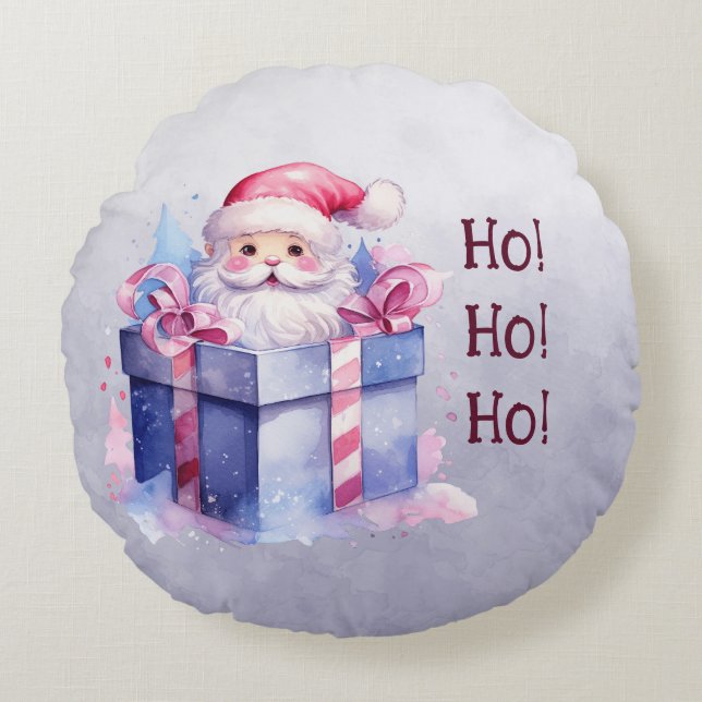 Santa Claus In A Gift Box Ho! Ho! Ho! Round Cushion (Front)