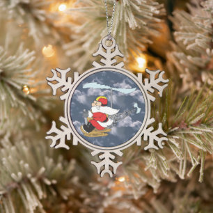 Santa Claus in a Helicopter Snowflake Pewter Christmas Ornament