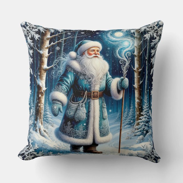 Santa Claus in a Magical Snowy Forest Cushion (Front)
