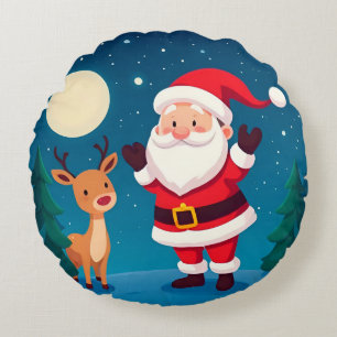 Santa Claus in a Magical Winter Scene Round Cushion