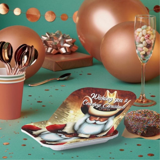 Santa Claus in a Western Hat Christmas Paper Plate (Multi)