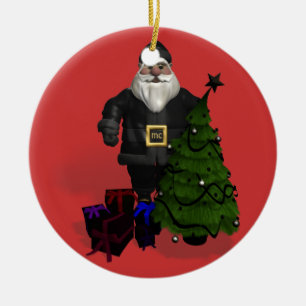 Santa Claus In Black Leather Ceramic Ornament