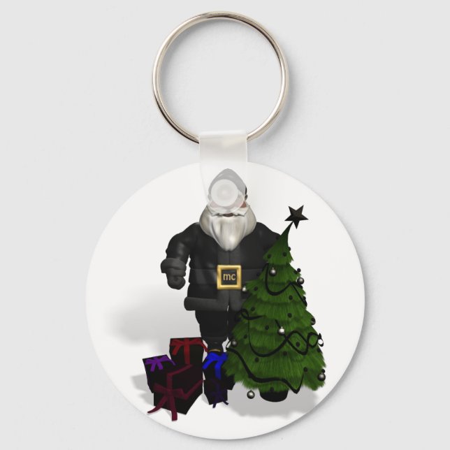 Santa Claus In Black Leather Key Ring (Front)