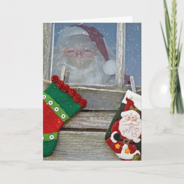 Santa Claus in cabin window with snowflakes Card (Front)