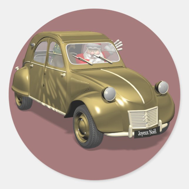 Santa Claus In Citroen 2CV Classic Round Sticker (Front)