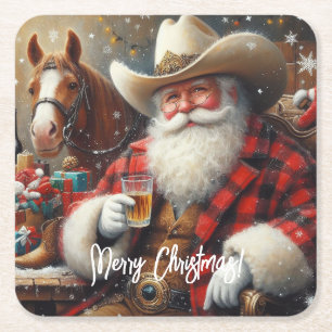  Santa Claus in Cowboy Hat Christmas Square Paper Coaster
